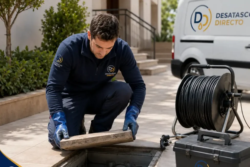 Técnico revisando una arqueta exterior para su limpieza y mantenimiento
