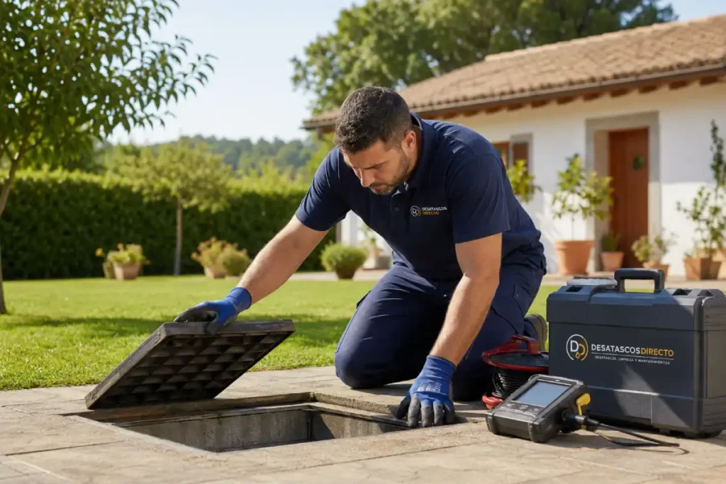 Técnico revisando una fosa séptica exterior para valorar su vaciado y limpieza