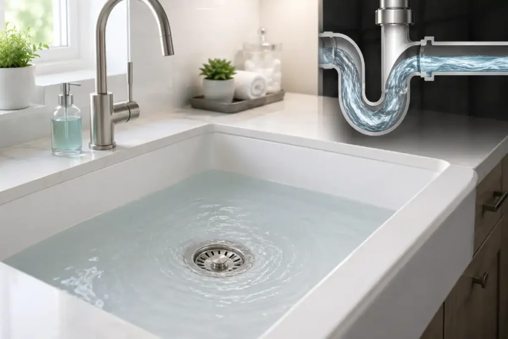 Fregadero limpio con agua bajando lentamente por un problema en las tuberías