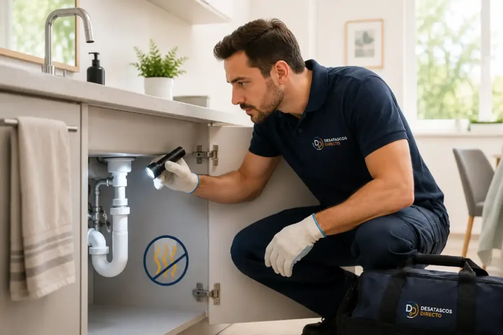 Técnico revisando un desagüe por malos olores en las tuberías de una vivienda
