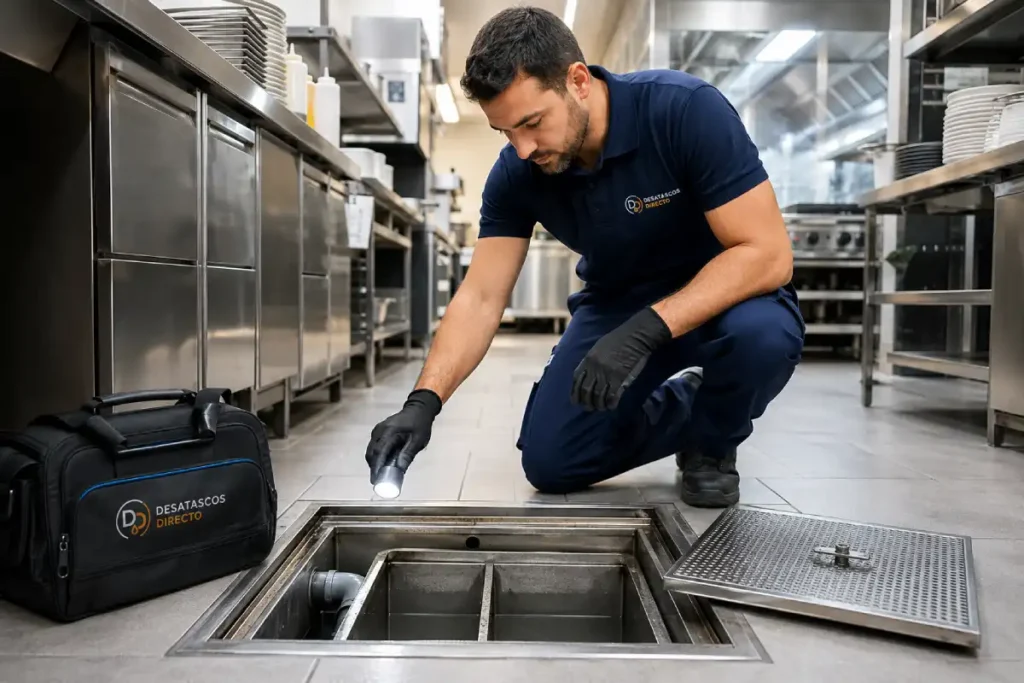 Técnico revisando un separador de grasas en una cocina profesional